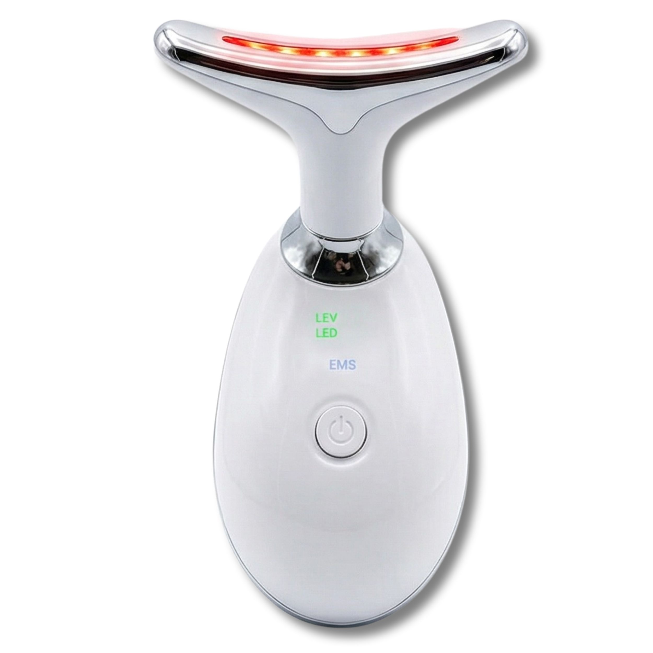 Weißes, ergonomisches Gerät zur Gesichtspflege. Silberfarbener Kopf. LED-Anzeige und Bedienknopf.