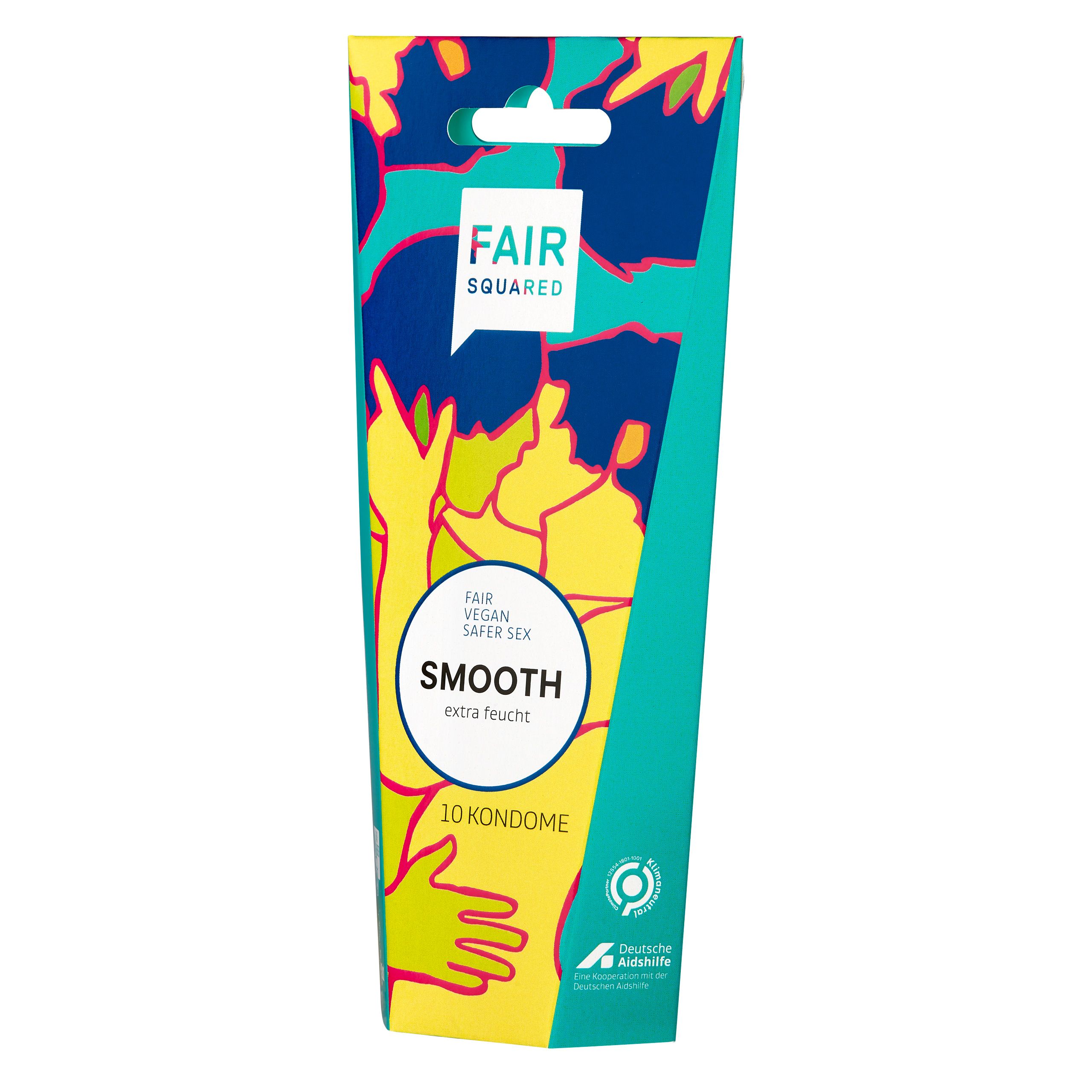 Emballage de préservatifs Fair Squared Smooth, extra humide. Contient 10 préservatifs. Vegan.