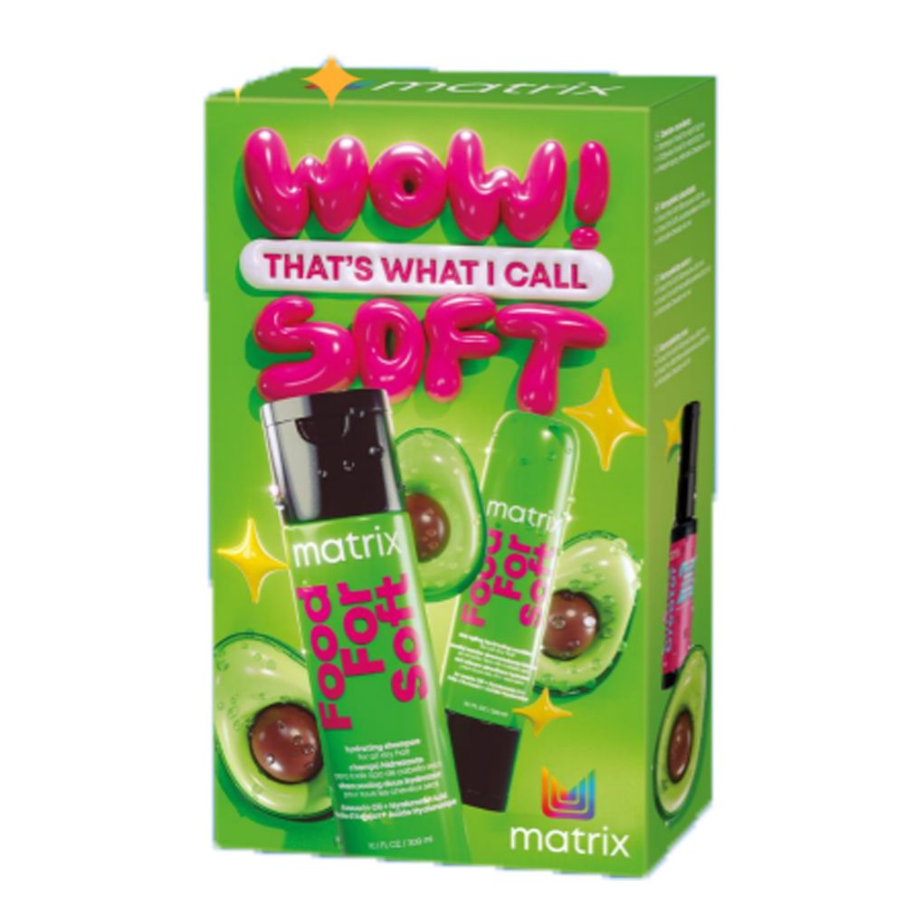 Grüne Verpackung mit Schriftzug "WOW! THAT'S WHAT I CALL SOFT". Enthält Shampoo und Conditioner. Marke: Matrix. Mit Avocado-Motiv.