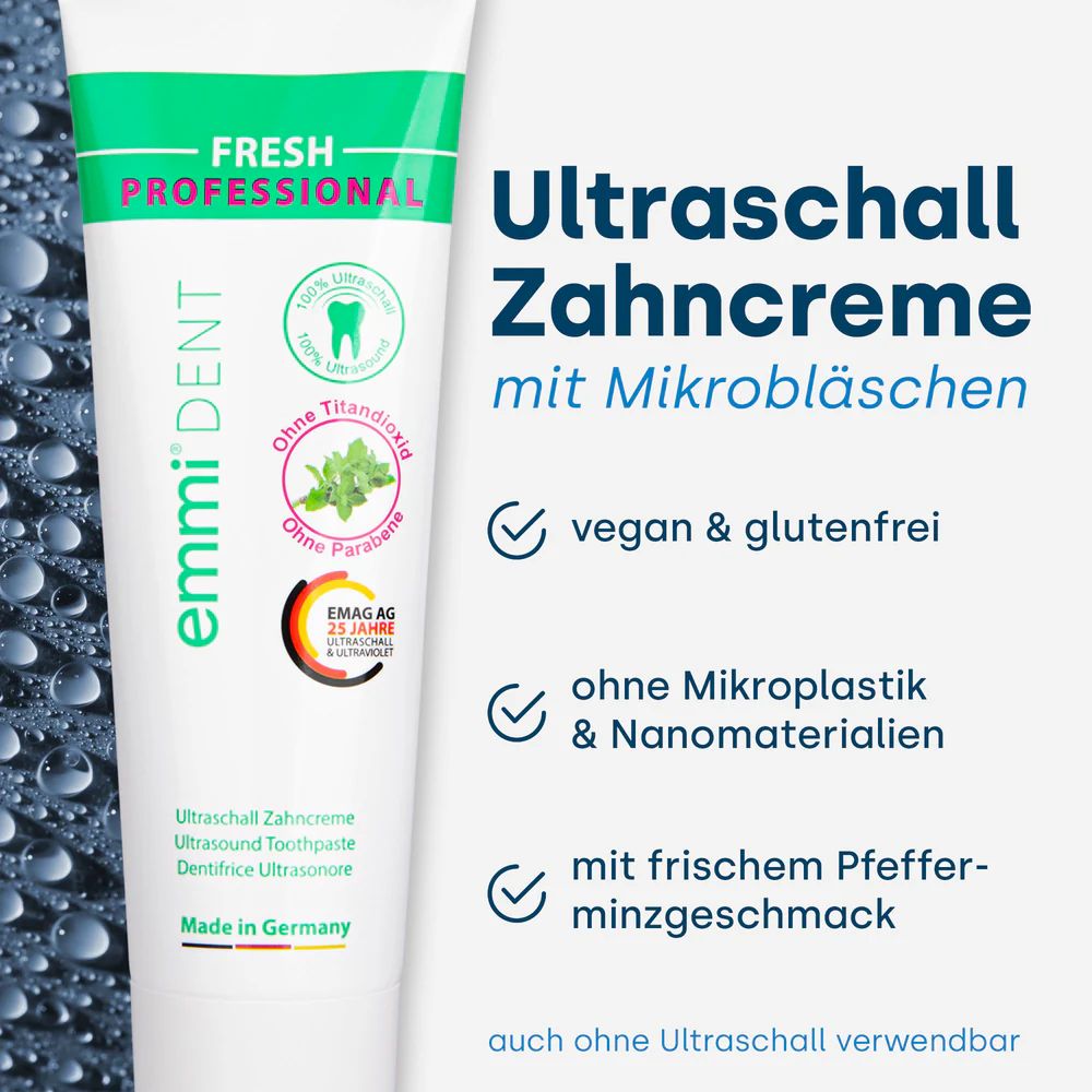 Verpackung der Emmi®-dent Platinum Ultraschallzahnbürste. Weißer Karton mit Sichtfenster. Zahnbürste sichtbar.