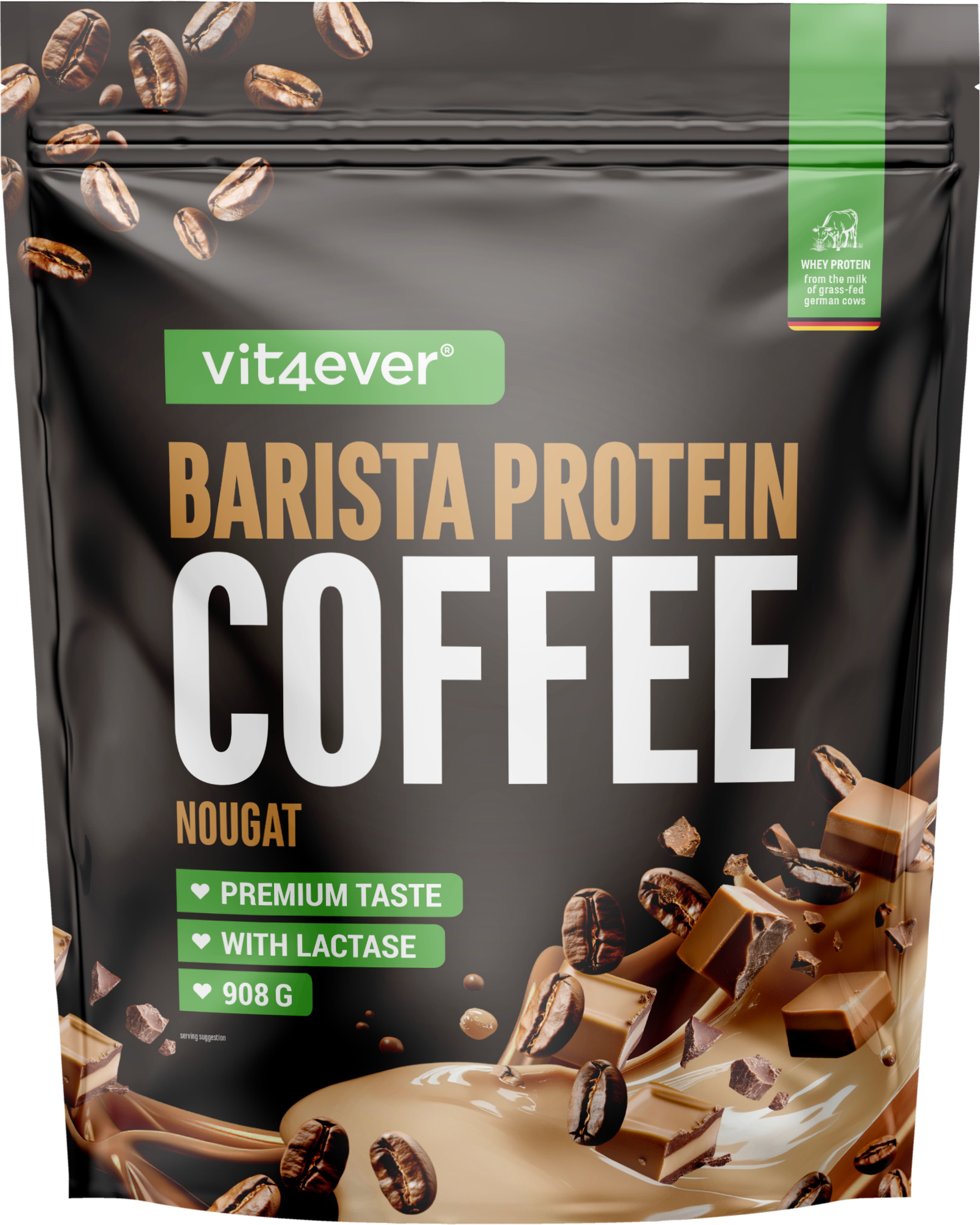 Schwarze Verpackung mit "vit4ever Barista Protein Coffee Nougat". Enthält Kaffeebohnen und Schokoladenstücke. 908g.
