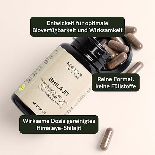 Eine Flasche Shilajit-Kapseln mit geöffnetem Deckel und Kapseln. Textboxen heben Vorteile hervor: reine Formel, wirksame Dosis.