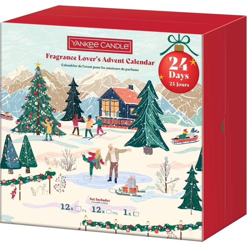 Adventskalender Rotes Buch. Roter Karton mit Winterlandschaft und Text. Enthält 24 Tage. Marke Yankee Candle.