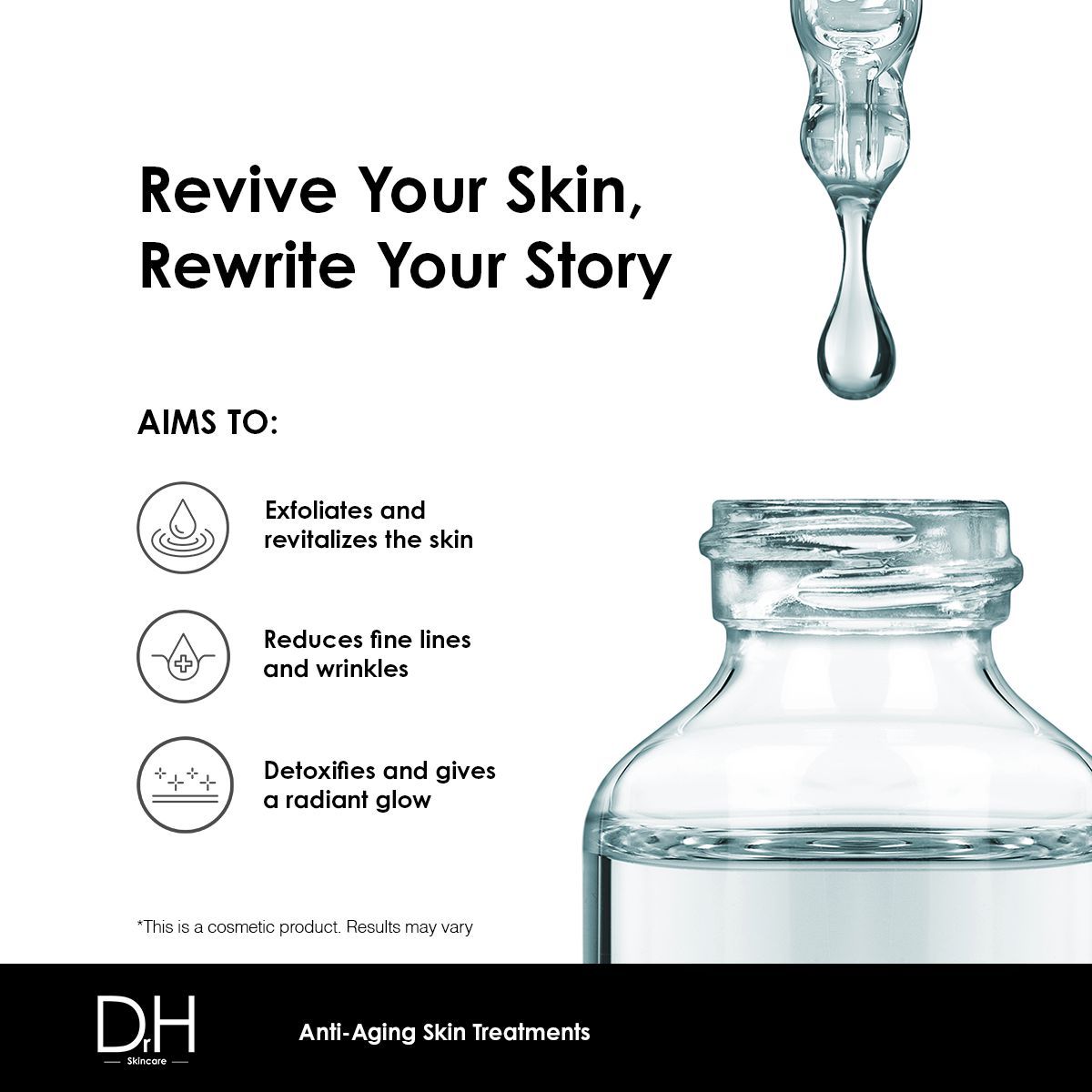 Serumflasche mit Tropfen. Text: Revitalisieren Sie Ihre Haut, schreiben Sie Ihre Geschichte neu. Zielt auf Exfoliation, Faltenreduzierung und Ausstrahlung ab.