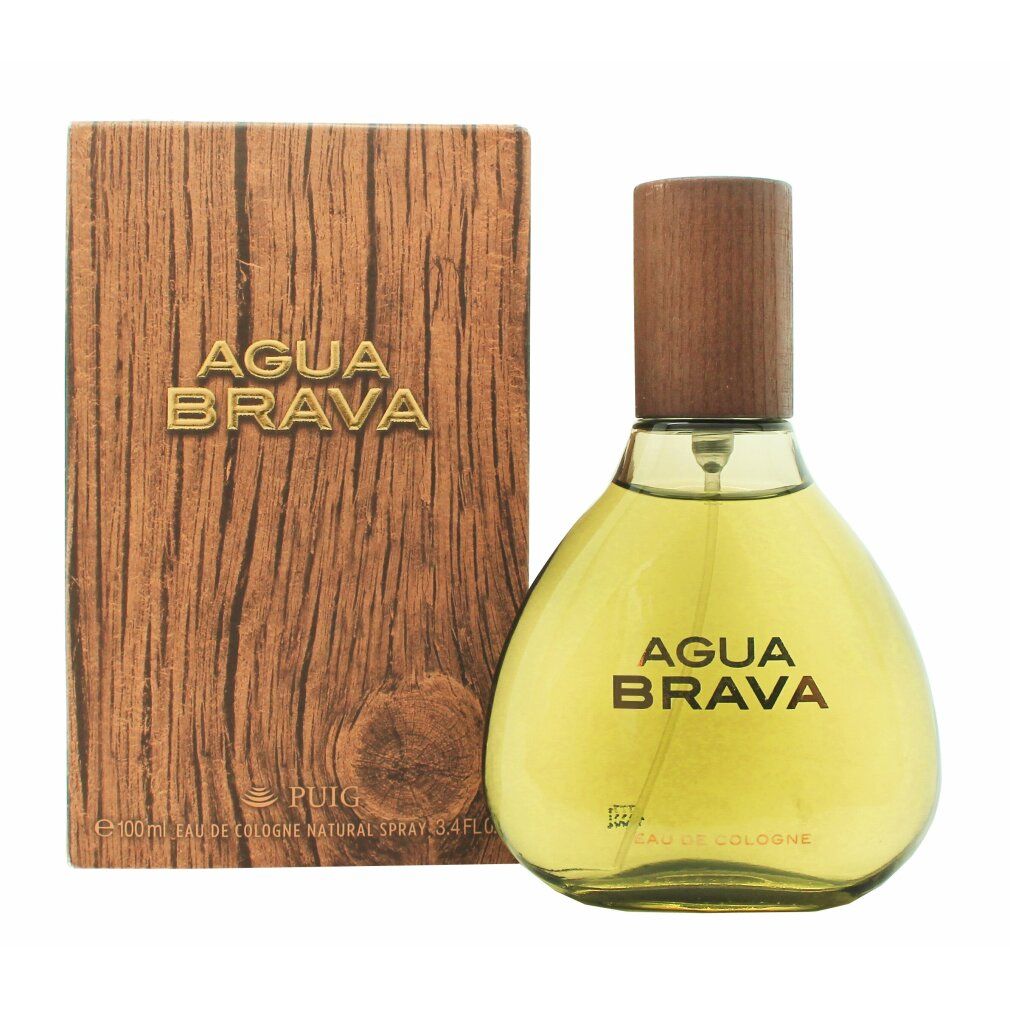 Flasche und Schachtel. Aufschrift Agua Brava Eau de Cologne. Holzfarbene Schachtel. Puig Logo. Transparente Flüssigkeit.