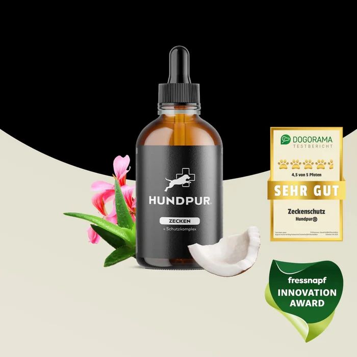 Braune Flasche mit Pipette. Aufschrift Hundpur Zecken Tinktur. Kokosnuss, Aloe Vera und Blume. Auszeichnungen: Dogorama, fressnapf INNOVATION AWARD.