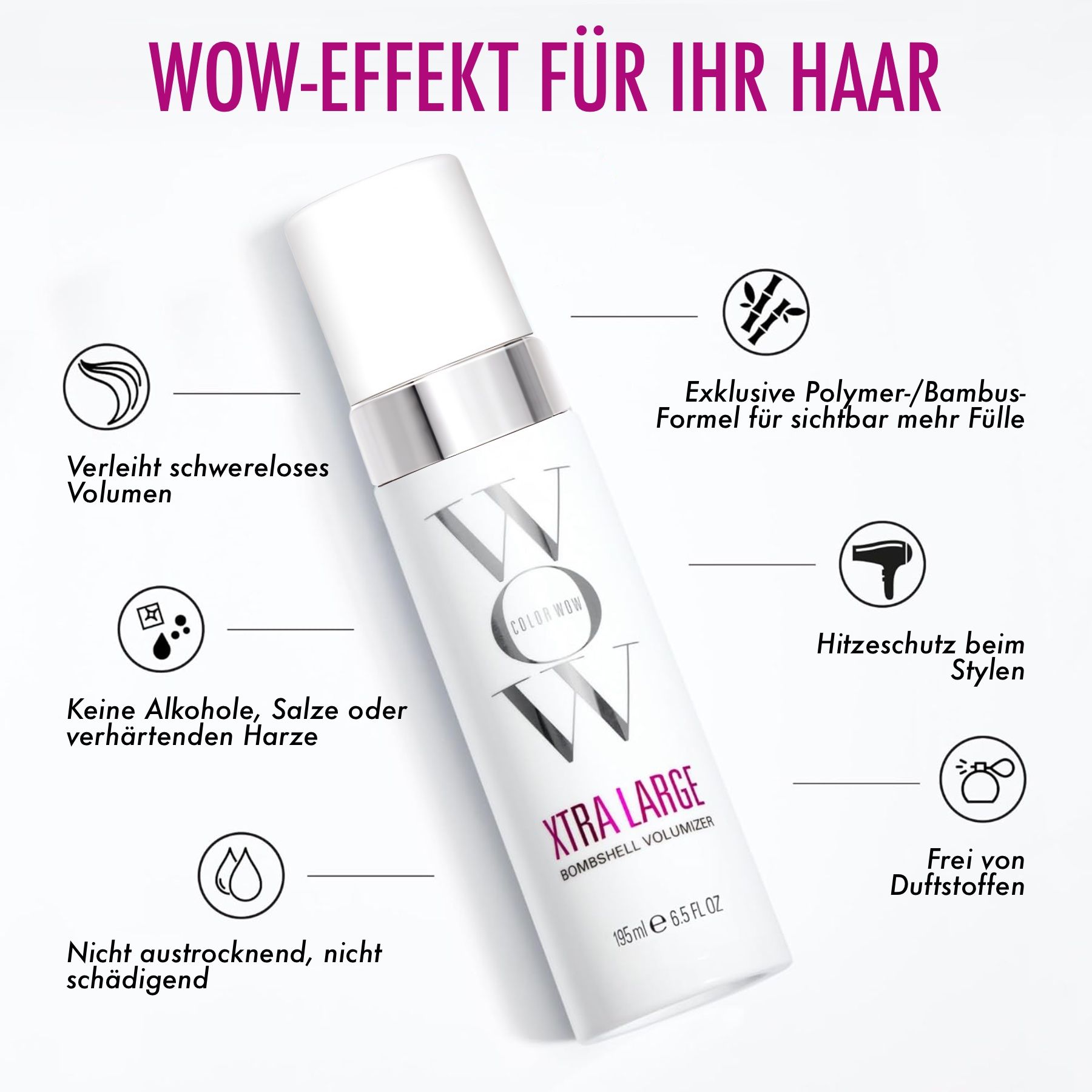 Weißer Schaumfestiger mit Infografik. Schriftzug: Xtra Large Bombshell Volumizer. 195ml. Symbole: Volumen, Hitzeschutz, etc.