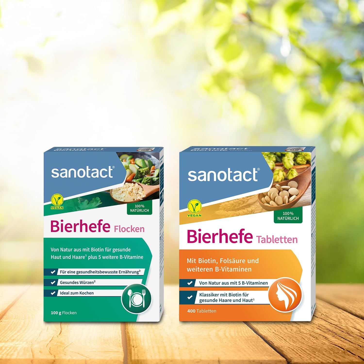 Zwei Packungen sanotact Produkte. Bierhefe Tabletten und Flocken. Vegan. Für gesunde Haut und Haare. 400 Tabletten.