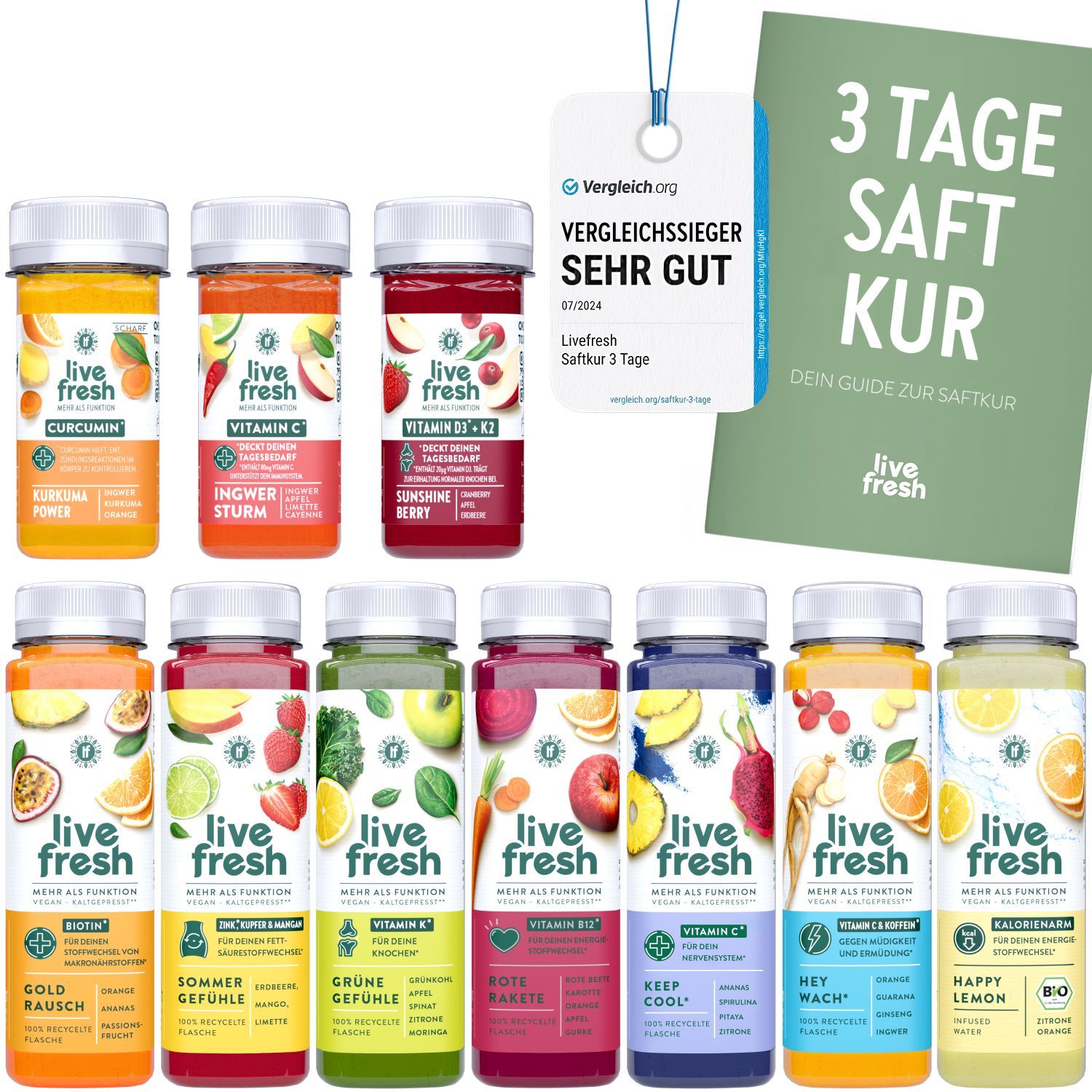 Mehrere Flaschen LiveFresh Saftkur, verschiedene Geschmacksrichtungen. Beiliegend: Broschüre, Vergleich.org-Siegel.