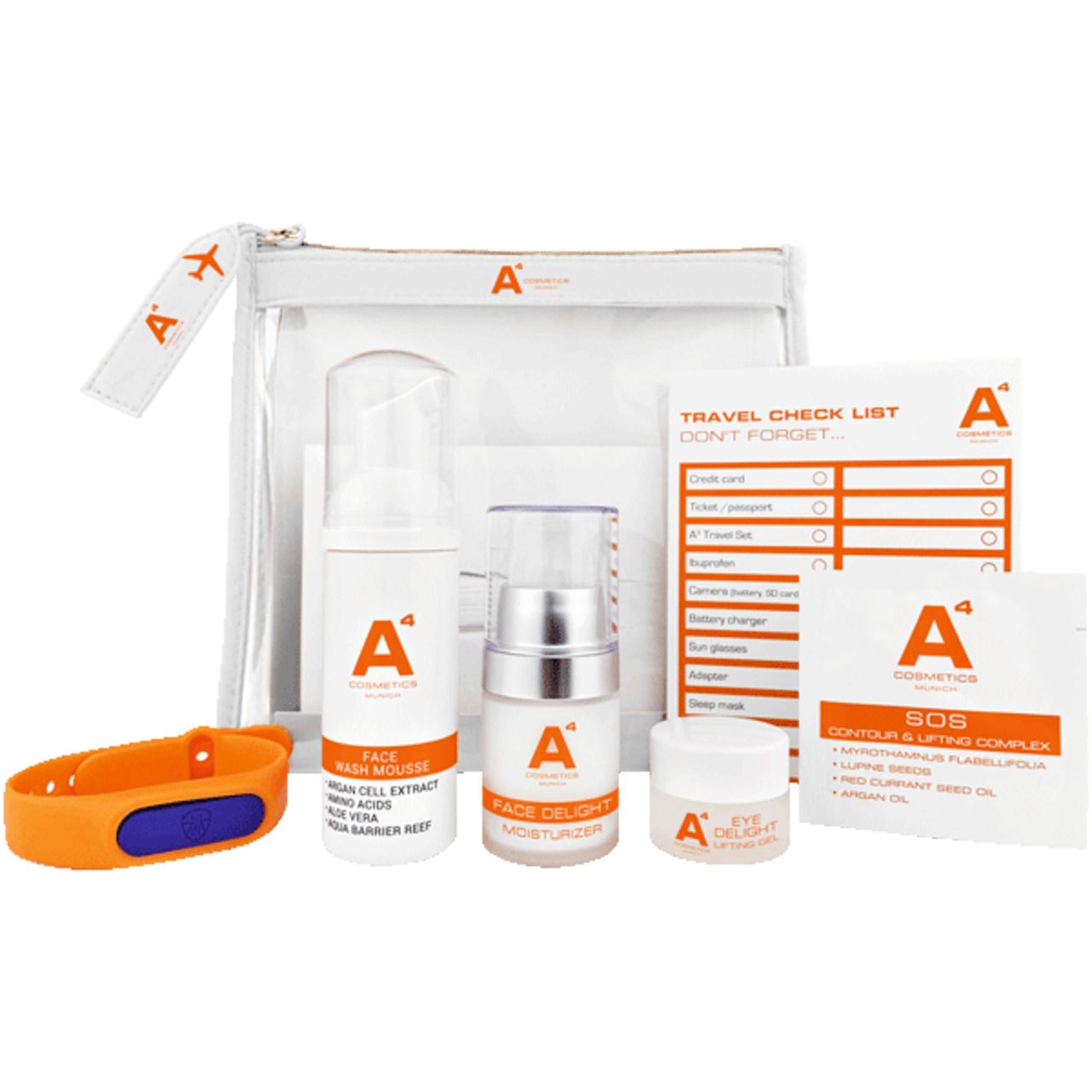 A4 Cosmetics Travel Kit. Enthält Hautpflegeprodukte, eine transparente Tasche, ein Armband und eine Checkliste. Flaschen, Tiegel sichtbar.