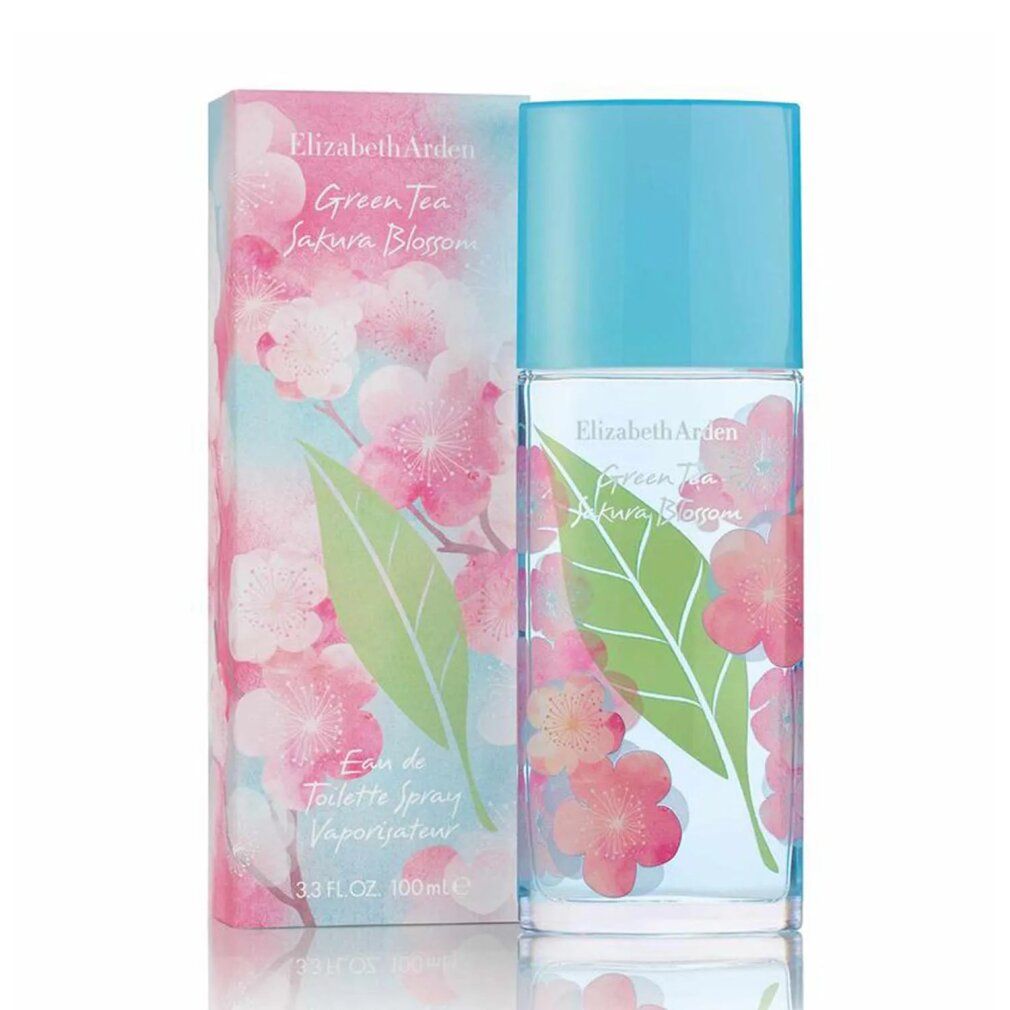 Flesje en verpakking. Flesje met blauwe dop, roze bloemen en groen blad. Verpakking met bloemenpatroon.