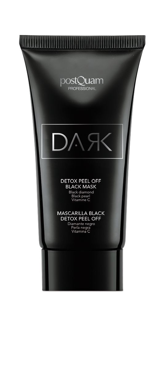 Schwarze Tube mit Produktbezeichnung "DARK Detox Peel Off Black Mask". Marke Postquam Professional.