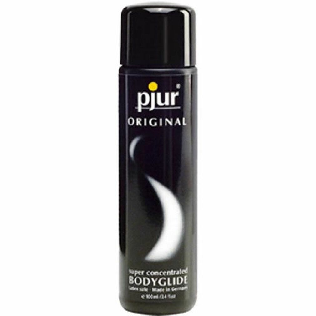 Schwarze Flasche mit schwarzem Deckel. Aufschrift: pjur ORIGINAL. Weiße, geschwungene Linie. Text: super concentrated BODYGLIDE latex safe.