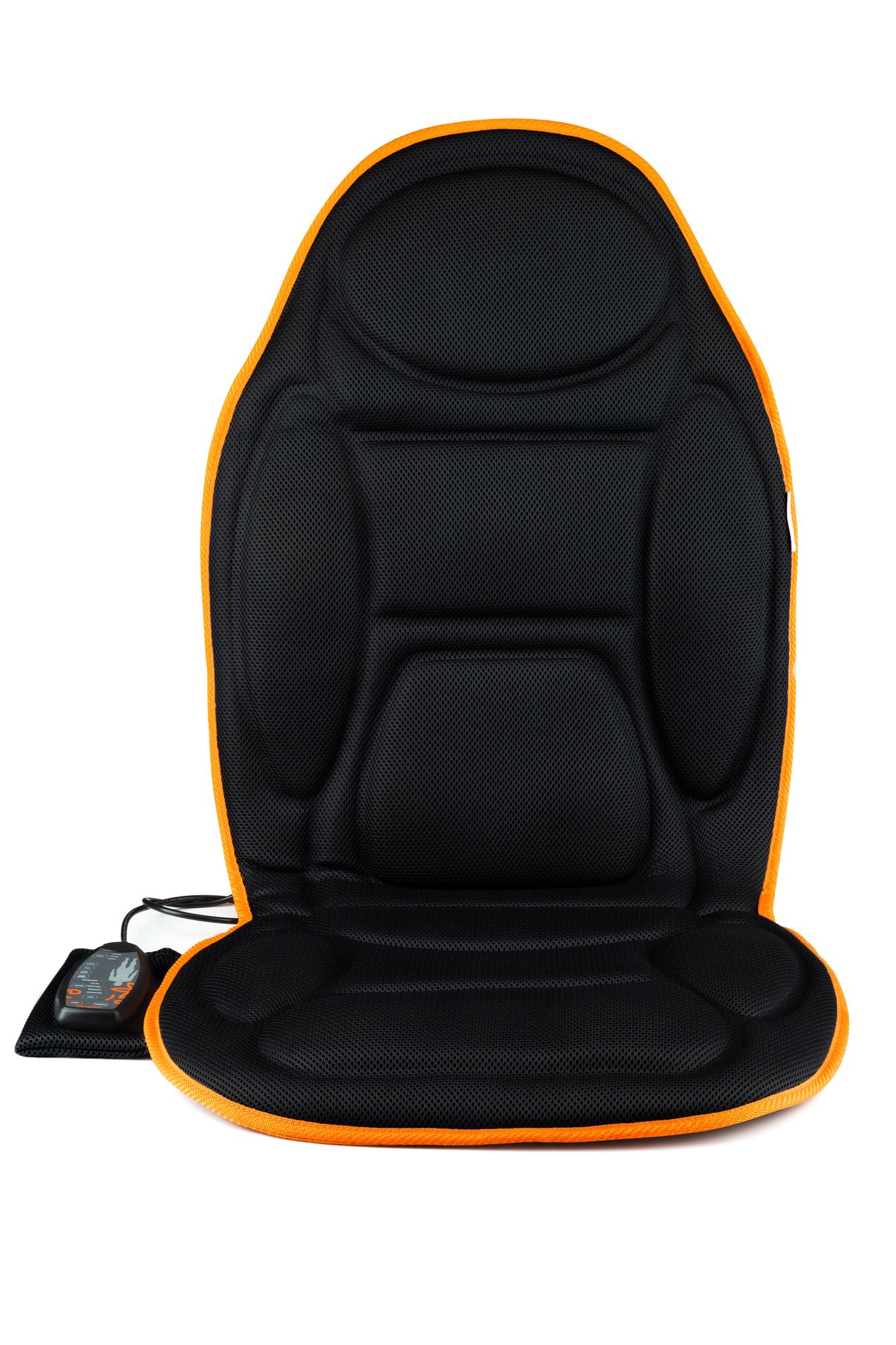 Schwarze Massagematte mit orangefarbenem Rand. Mit Steuerung und Kabel. Mesh-Oberfläche.