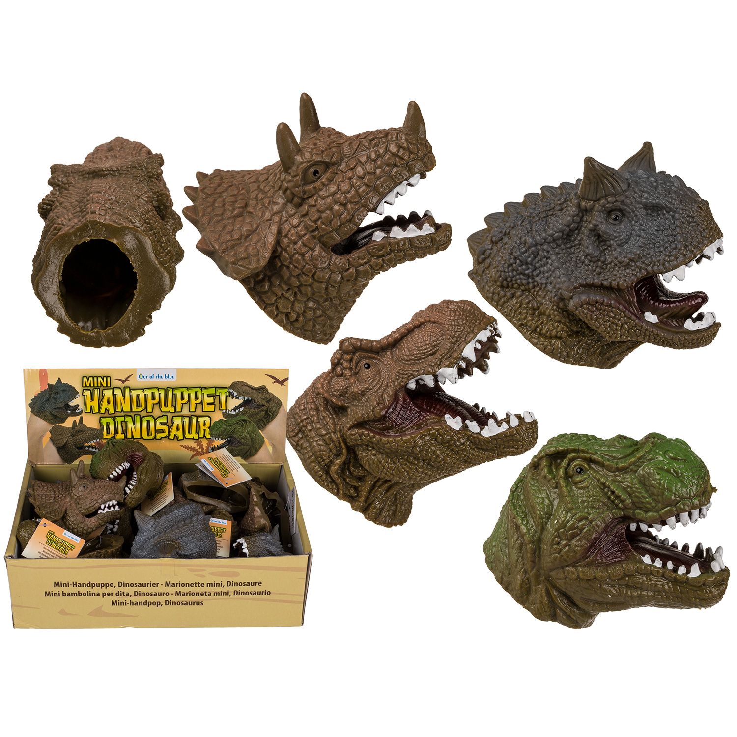 Mehrere Dino-Handpuppen in einer Box. Verschiedene Dinosaurier-Köpfe, braun, grün, mit geöffnetem Maul und Zähnen.