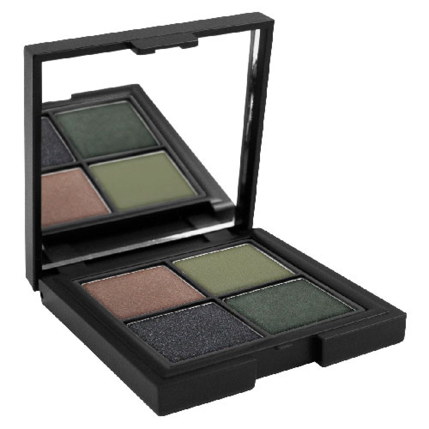 Quadratische Lidschatten-Palette mit Spiegel. Vier Farbtöne in Grün- und Brauntönen. Schwarzer Kunststoffbehälter.
