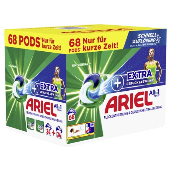 Karton mit Ariel All-in-1 Pods. Aufschrift: 68 Pods, Extra Geruchsabwehr, Fleckentfernung & Geruchsneutralisierung. Enthält 2x34 Pods.