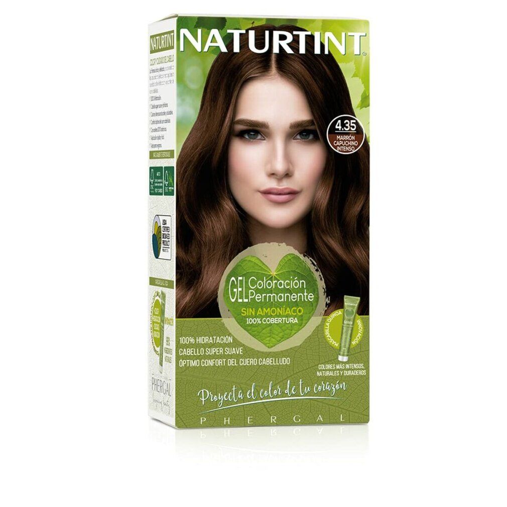 Naturtint 4.35 Verpackung. Aufdruck: 4.35, Marrón Capuchino. Frau mit braunen Haaren. Grün-weiße Verpackung mit Produktinformationen.