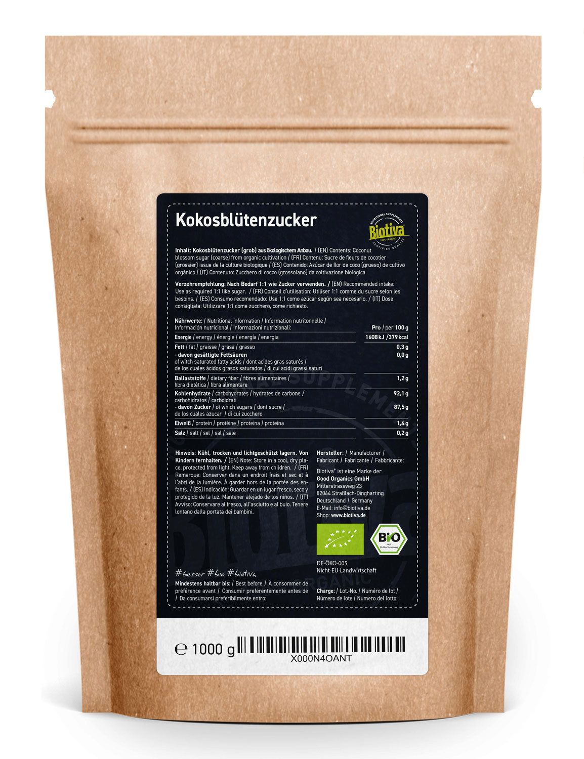 Rückseite der Biotiva Kokosblütenzucker Bio Verpackung. Schwarzes Etikett mit Nährwertangaben und Bio-Siegel. 1000 g.