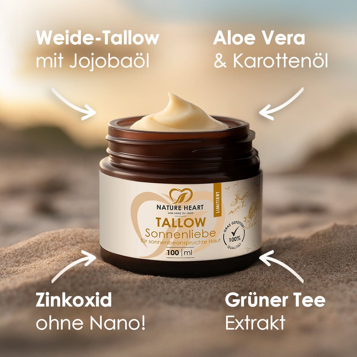 Braune Tiegel mit gelblicher Creme. Aufschrift: Tallow Sonnenliebe, Nature Heart. Pfeile zeigen auf Inhaltsstoffe.