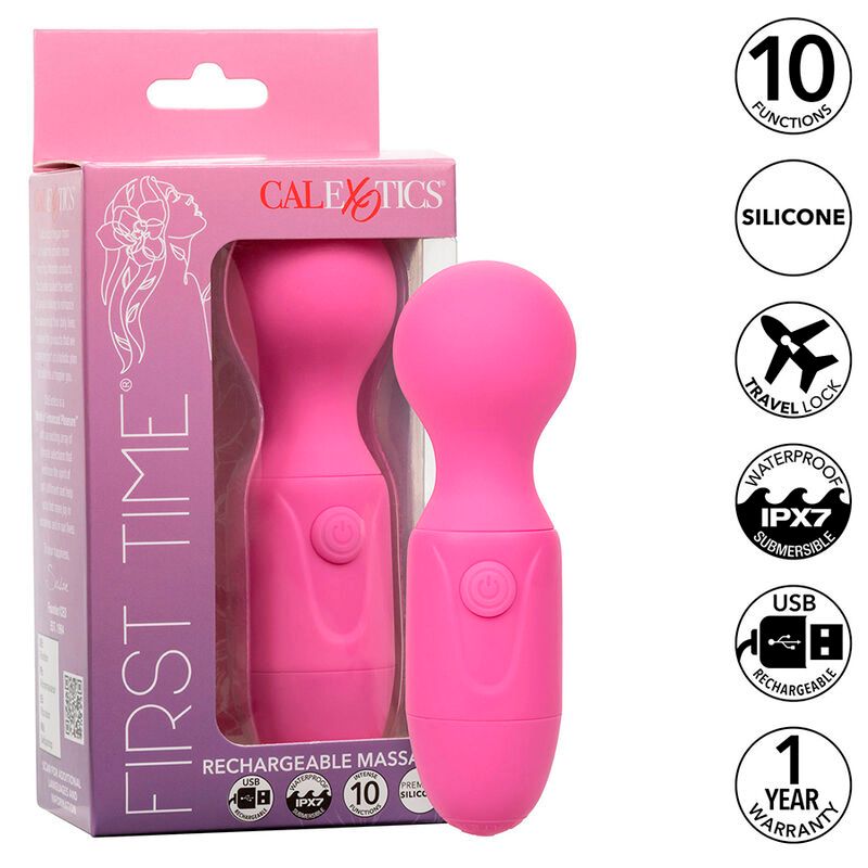Pinkfarbener Vibrationsmassager in Verpackung. Marke Calexotics. Merkmale: 10 Funktionen, Silikon, wasserdicht, USB.