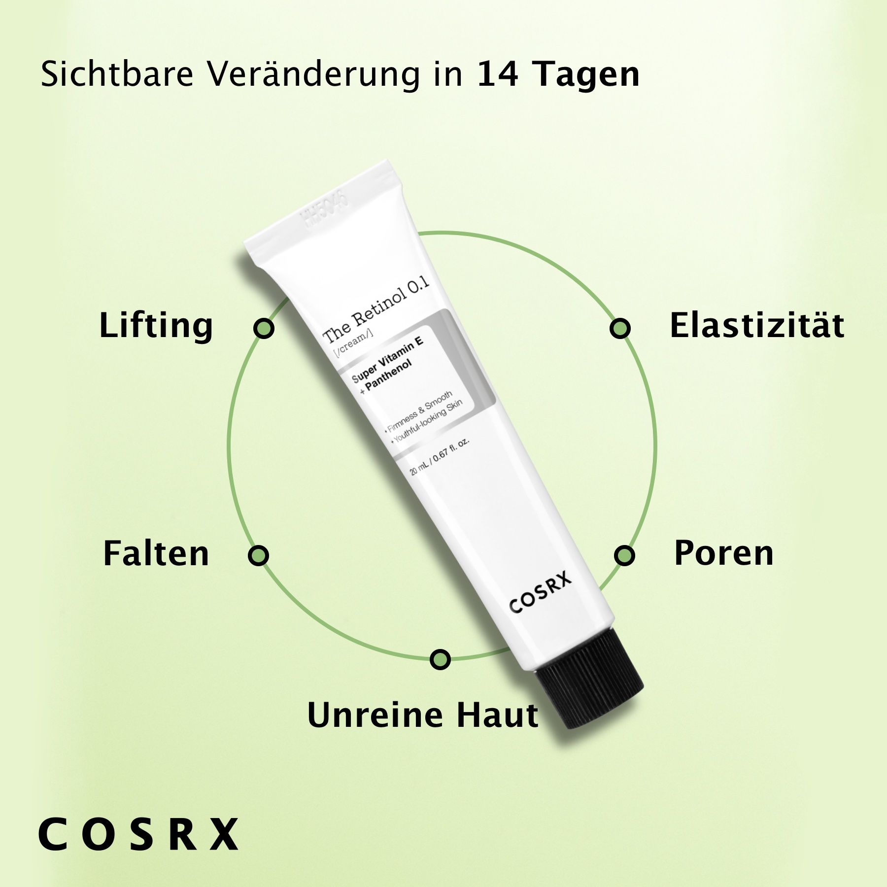 Tube mit Text und Kreise mit Text. Text: Sichtbare Veränderung in 14 Tagen. Lifting, Falten, etc.
