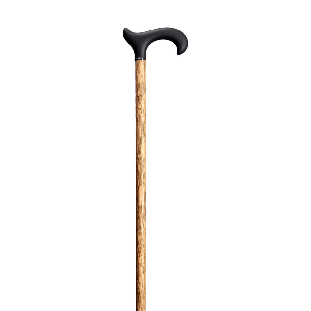 Gehstock mit schwarzem Griff und Holzschaft. Der Griff ist ergonomisch geformt. Der Schaft ist aus hellem Holz.
