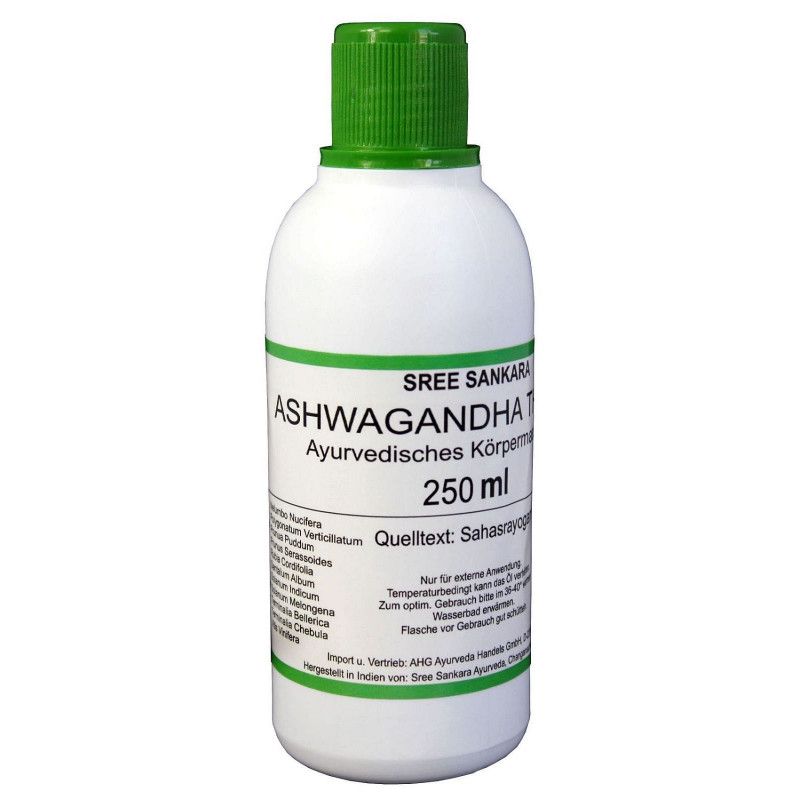 Weiße Flasche mit grünem Deckel. Beschriftung: Ashwagandha Thailam, 250 ml.