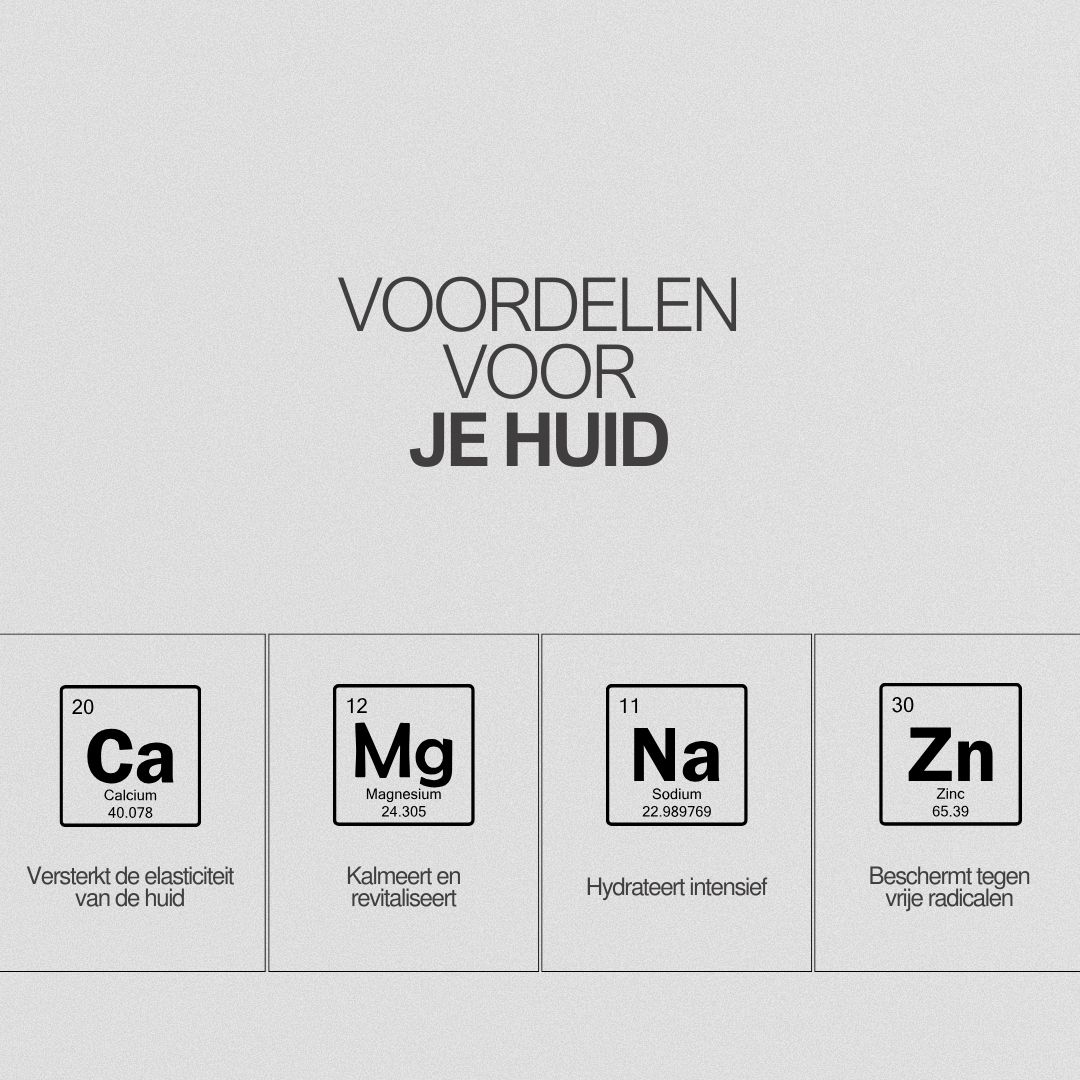 Grafiek met elementen: Calcium, Magnesium, Natrium, Zink. Tekst: Voordelen voor je huid.