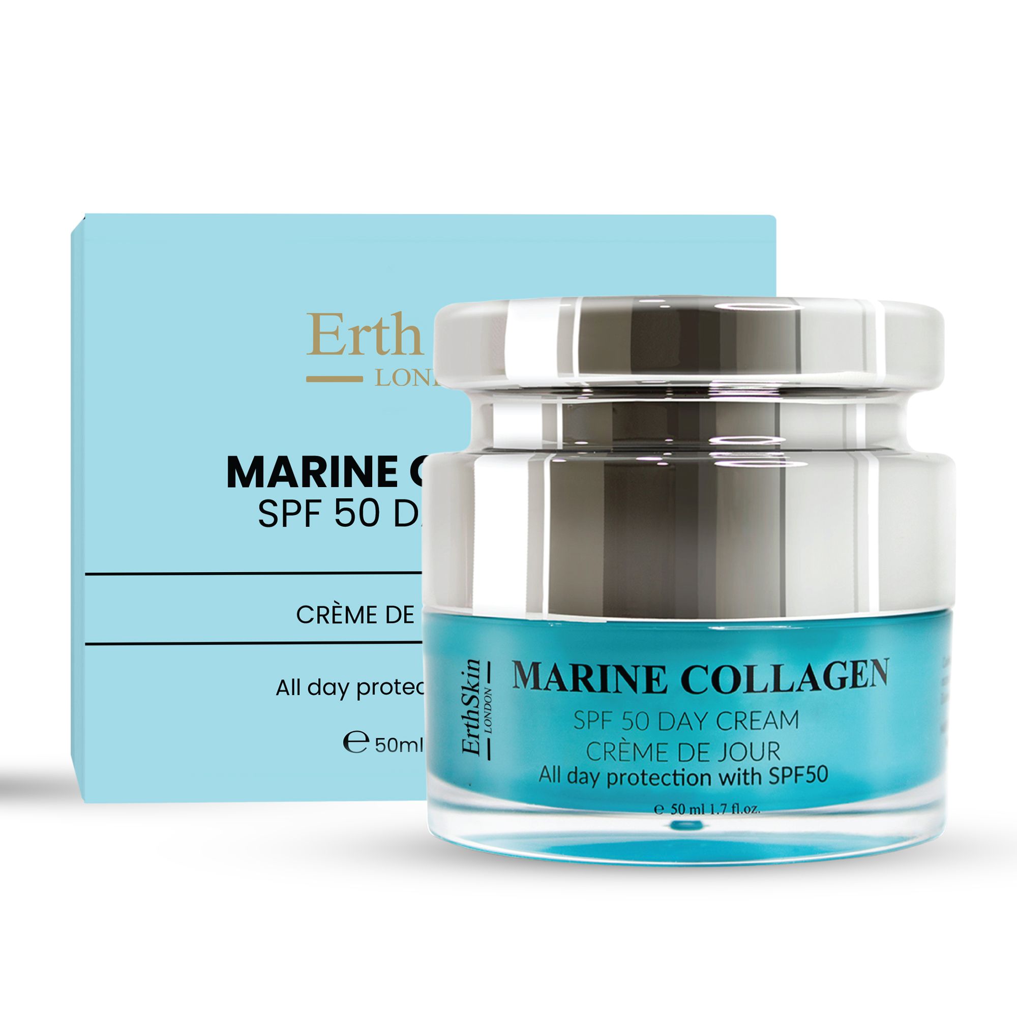 ErthSkin London Meereskollagen SPF50 Tagcreme-Tiegel und Schachtel. Text: Marine Collagen SPF50 Day Cream, Crème de Jour.