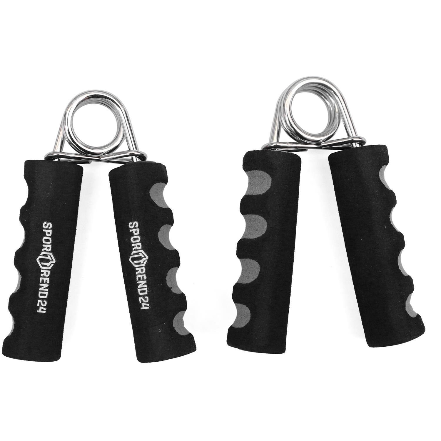 Zwei Fingerhanteln mit Schaumstoffgriff. Schwarze Griffe mit grauem Muster und Metallfeder. Logo Sporttrend24.