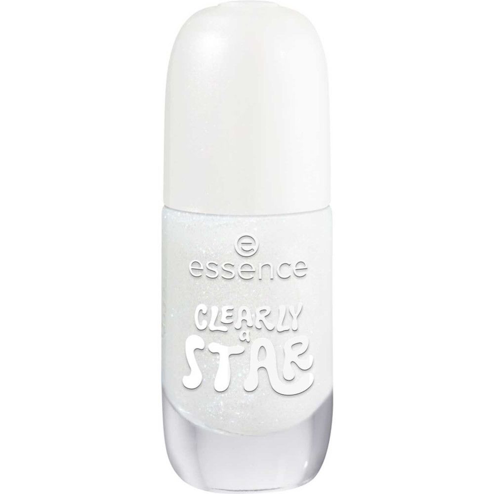 Geschlossene Nagellackflasche mit weißem Deckel. Aufschrift "essence CLEARLY STAR".
