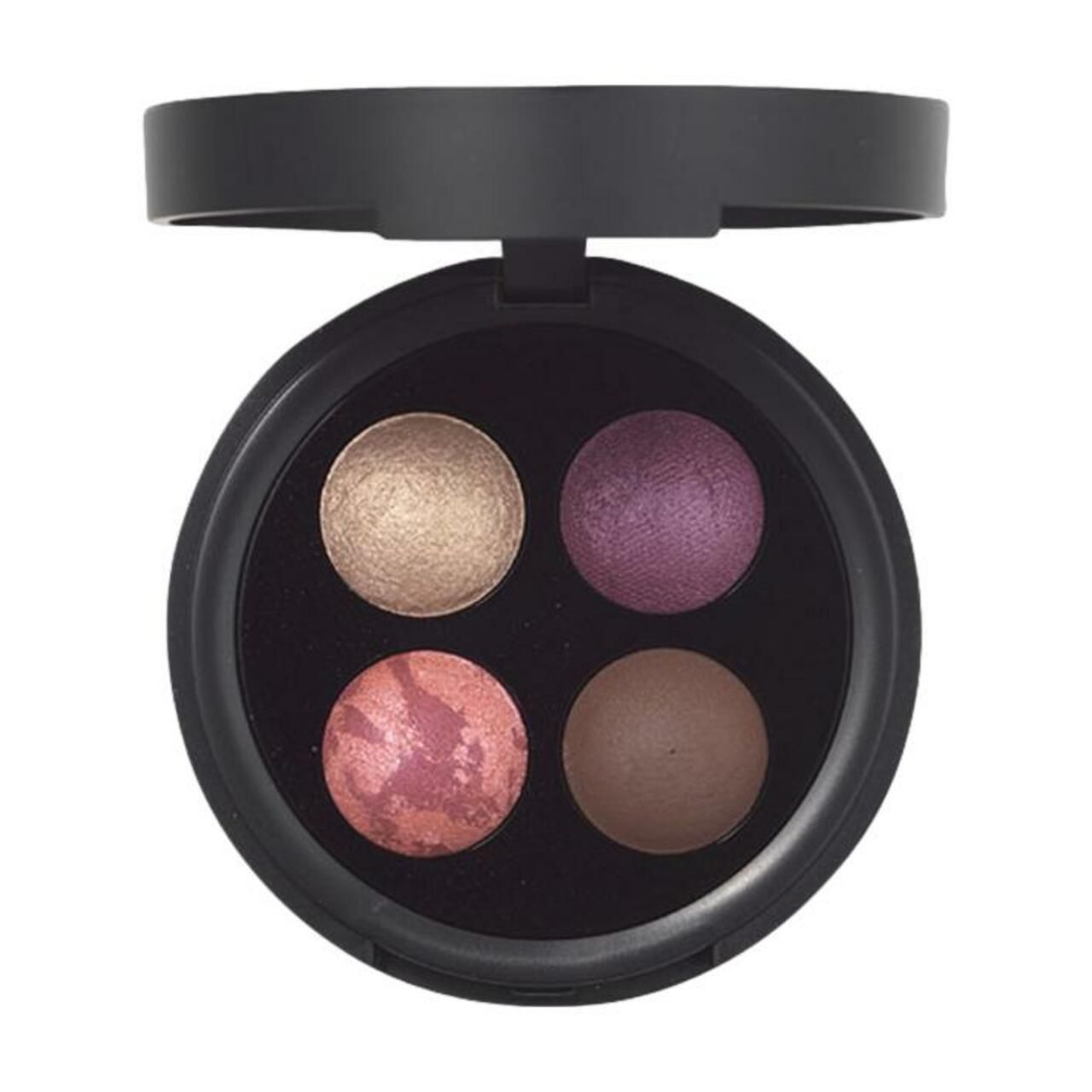 Runde, schwarze Lidschatten-Palette mit vier Farben: Gold, Lila, Rosa und Braun. Deckel geöffnet.