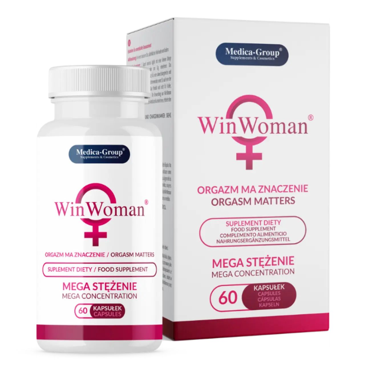 WinWoman-Kapseln und Verpackung. Aufschrift: Orgasmus hat Bedeutung. 60 Kapseln. Medica-Group Logo. Flasche und Schachtel stehen nebeneinander.
