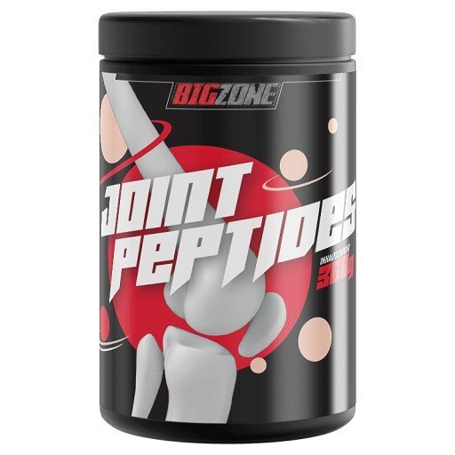 Schwarzer Behälter mit BIGZONE JOINT PEPTIDES Aufschrift und Gelenkabbildung.