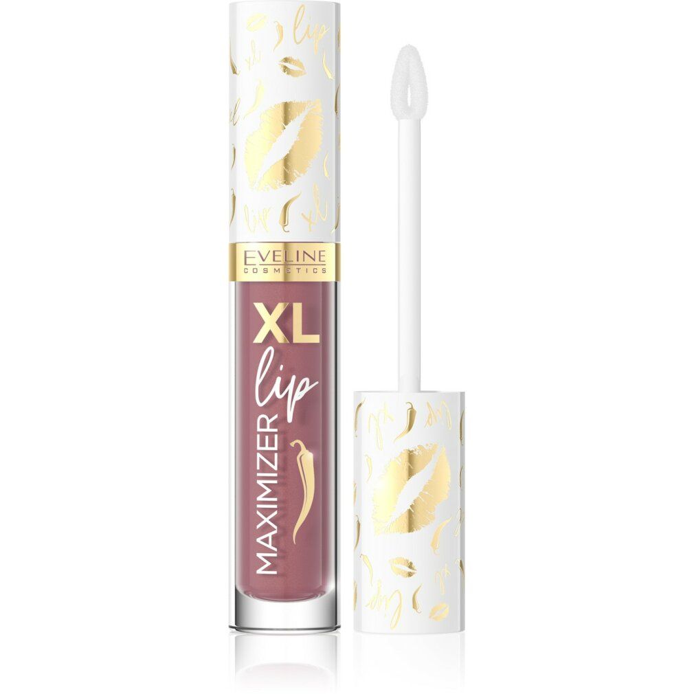 Eveline Cosmetics Lip Maximizer XL Lipgloss. Geöffnete Tube mit Applikator. Produktname und Marke sind sichtbar.