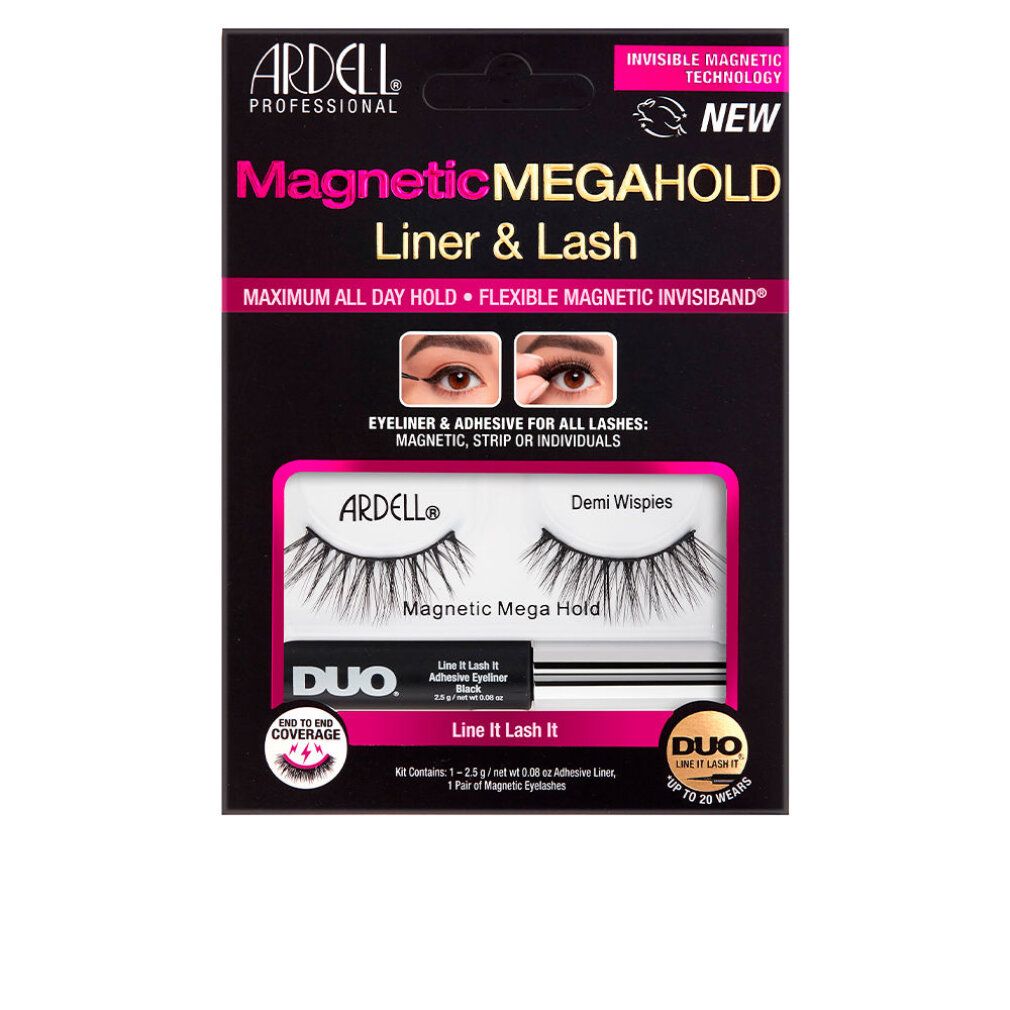 Ardell Magnetic MegaHold Liner & Lash. Schwarze Verpackung mit Wimpern und Eyeliner. Text: Magnetic MegaHold, Demi Wispies, DUO.