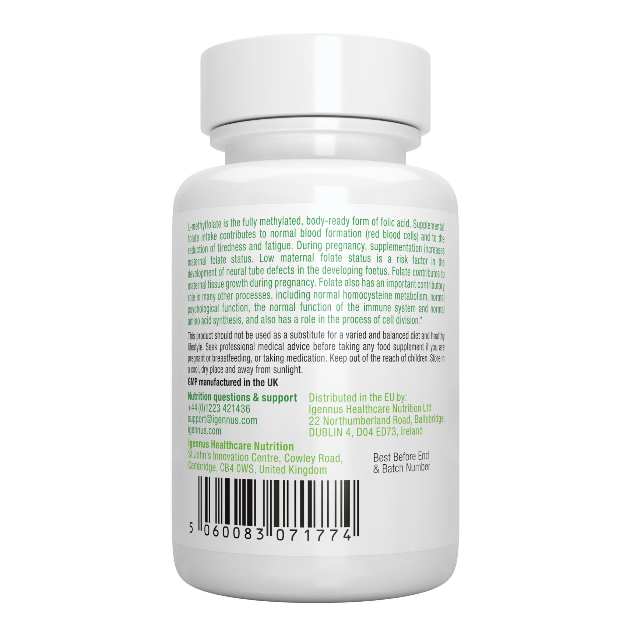 Rückansicht einer Flasche Igennus Pure L-Methylfolate mit Etikett und Barcode.