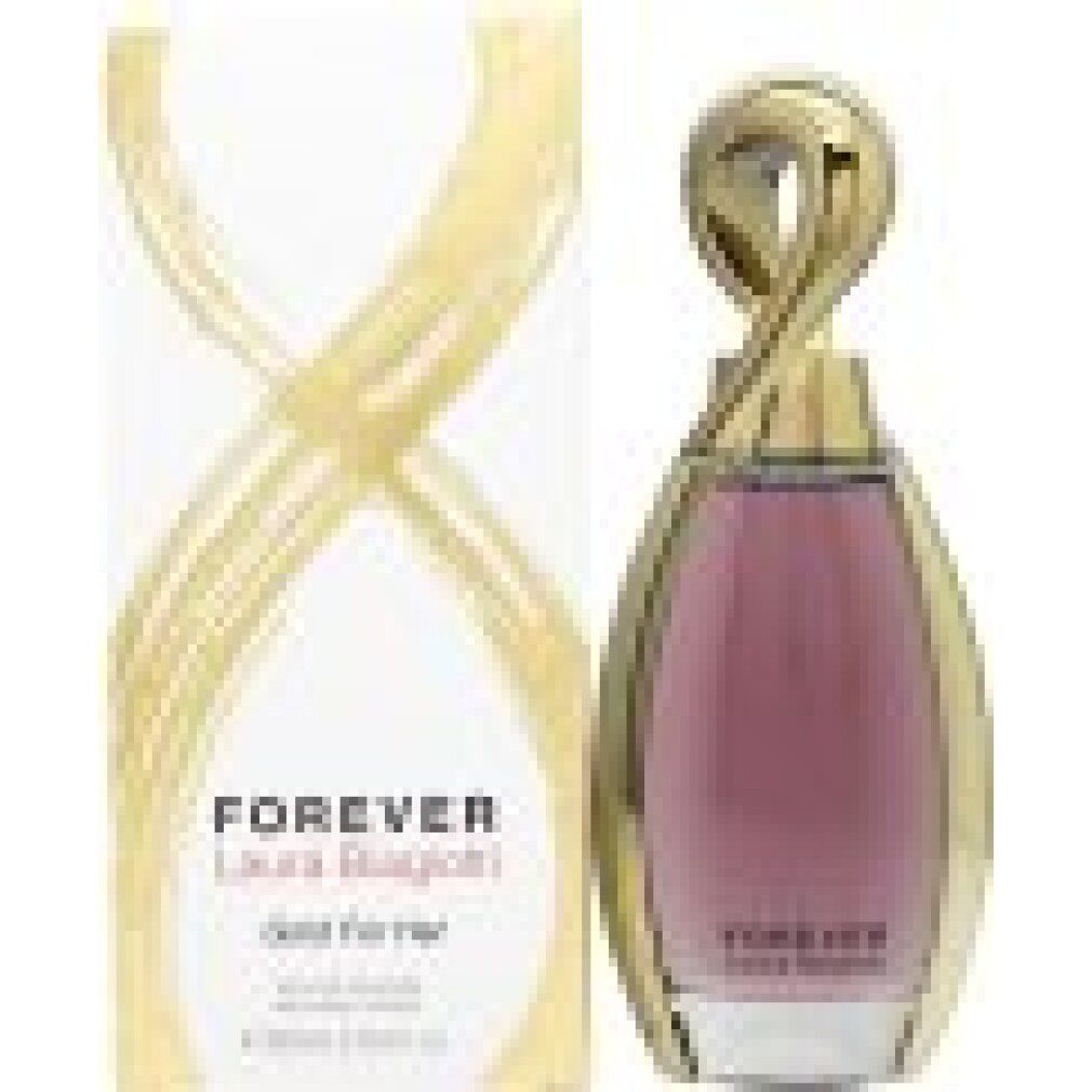 Laura Biagiotti Forever Gold for Her Eau de Parfum Flakon mit goldfarbenem, verdrehtem Verschluss und lila Flüssigkeit.