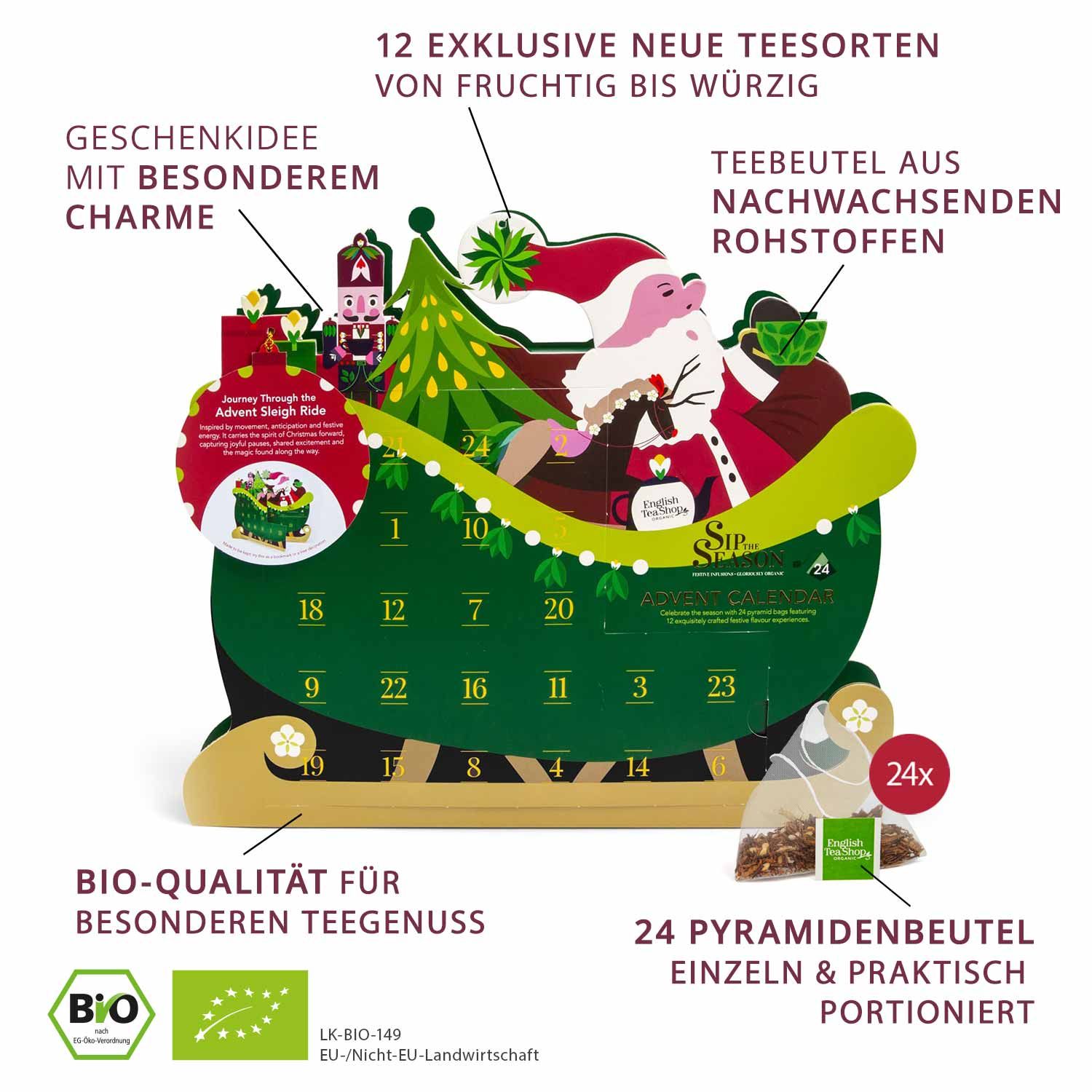Adventskalender in Schlittenform mit 24 Teebeuteln. Zeigt Nikolaus, Tannenbaum und Nussknacker. Mit Bio-Siegeln.