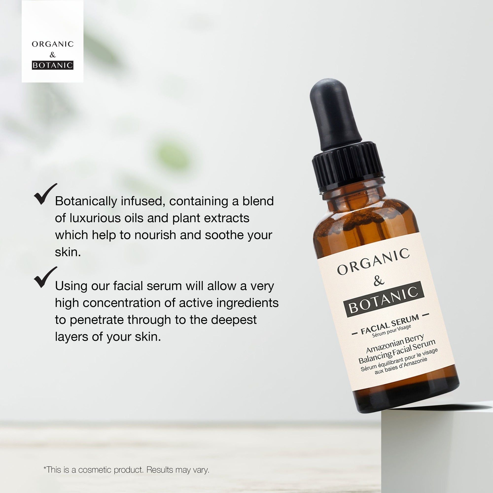 Braune Glasflasche mit schwarzer Pipette. Text: "Organic & Botanic". Text: "Facial Serum".