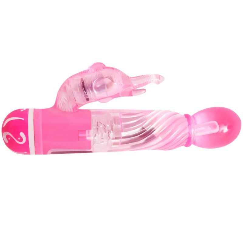 Rosa Vibrator mit transparenten Elementen. Mit spiralförmigem Schaft und Hasenohren-Aufsatz. Auf weißem Hintergrund.