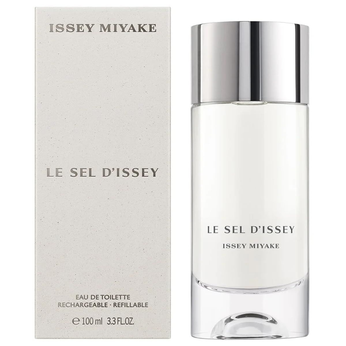 Flasche und Verpackung. Aufschrift: ISSEY MIYAKE, LE SEL D'ISSEY. Text: Eau de Toilette, 100 ml.