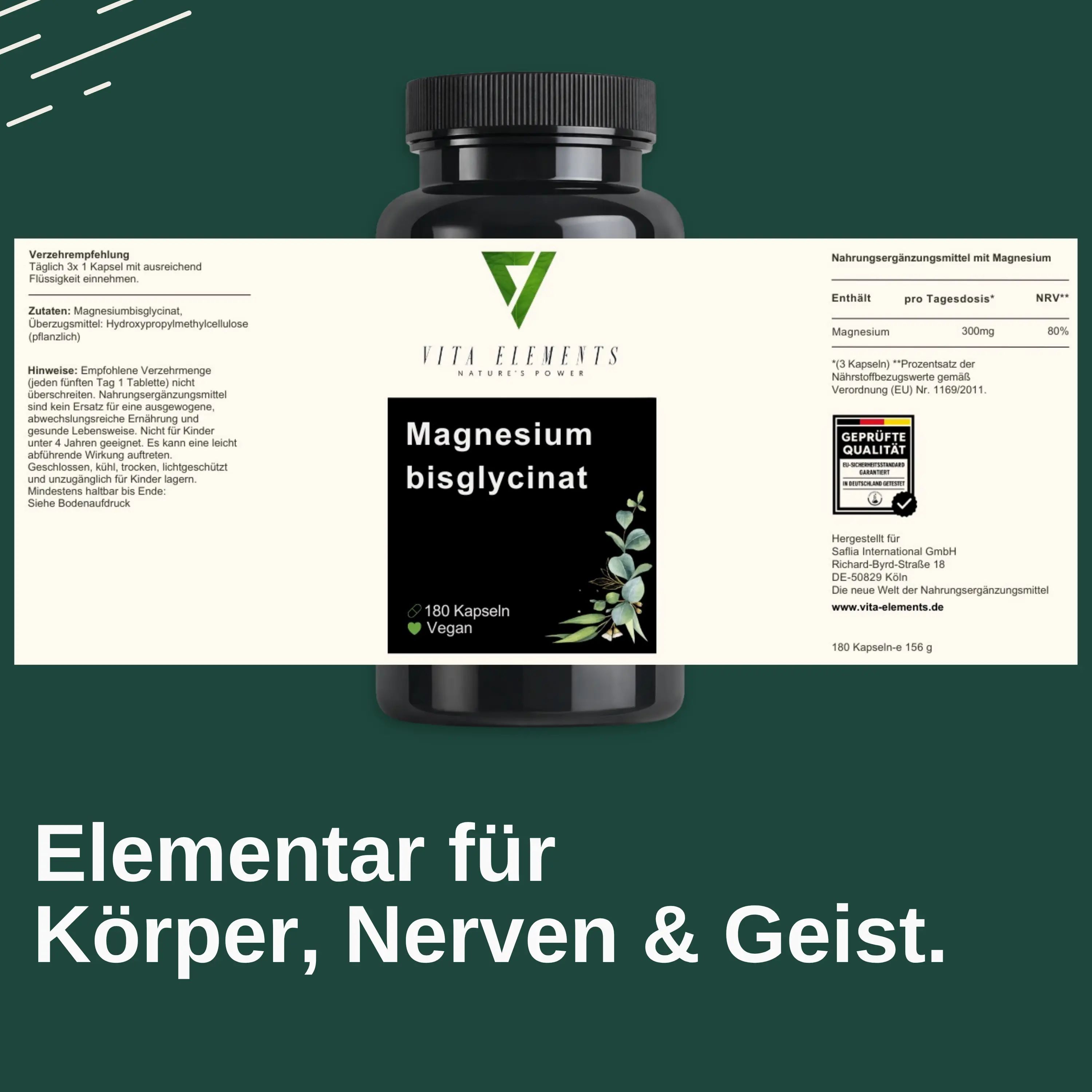 Etikett auf einer Flasche 'Magnesium bisglycinat'. Enthält Informationen zu Inhaltsstoffen, Dosierung und Nährwerten. Siegel: Geprüfte Qualität.