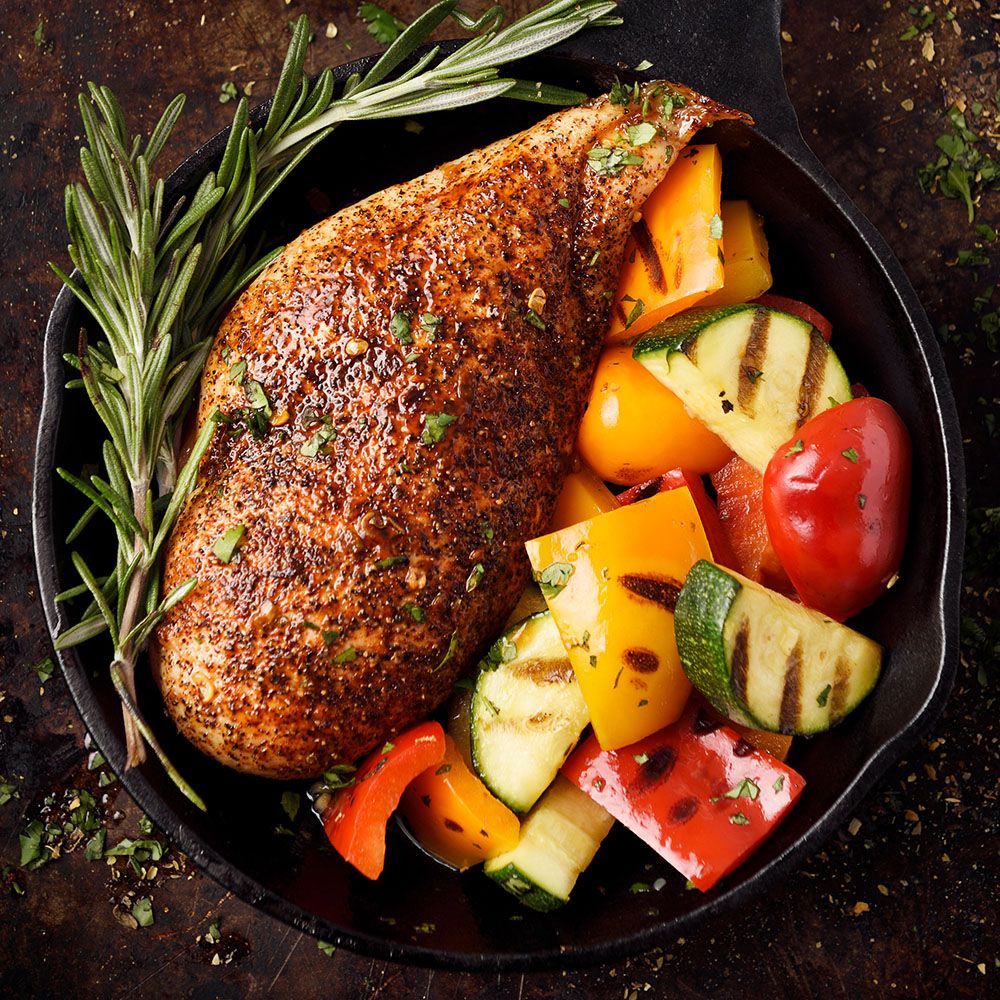 Gebratenes Hähnchenbrustfilet mit gegrilltem Gemüse in einer Pfanne.