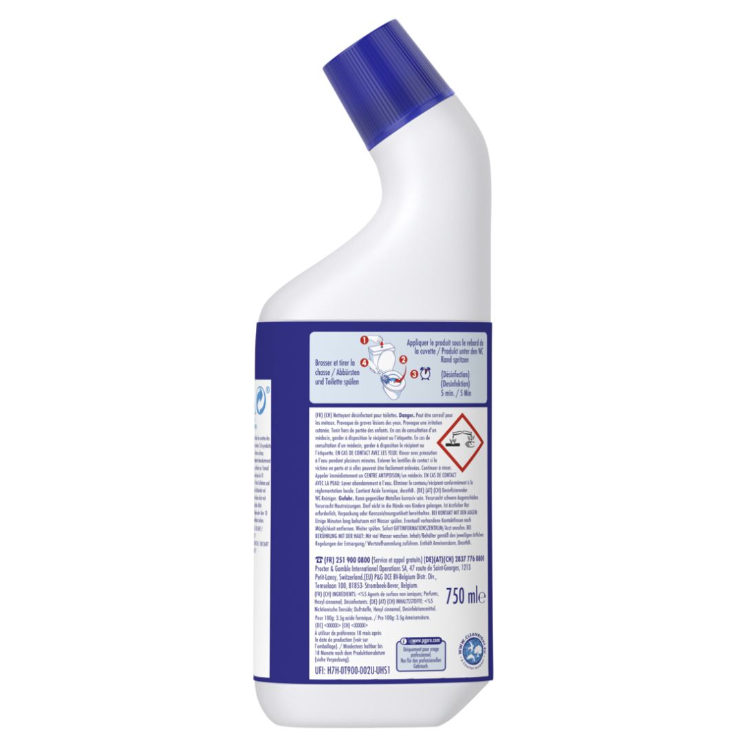Rückseite der weißen Flasche mit blauem Deckel. Text und Piktogramme. Inhaltsangaben und Gebrauchsanweisung.