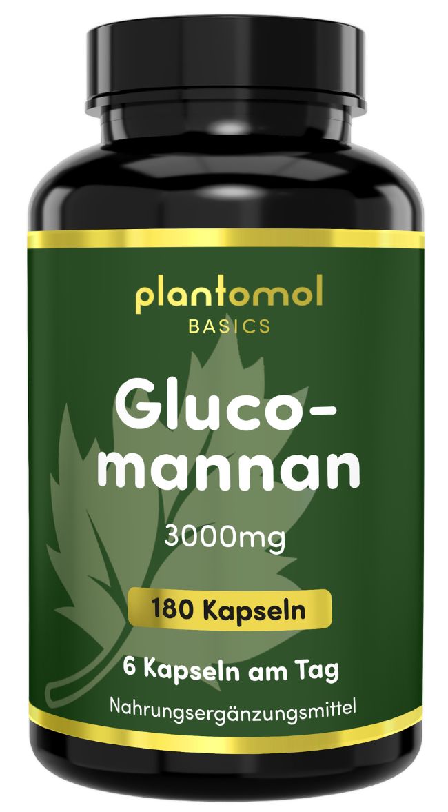 Braune Pillenflasche. Text: plantomol Basics, Glucomannan, 180 Kapseln.