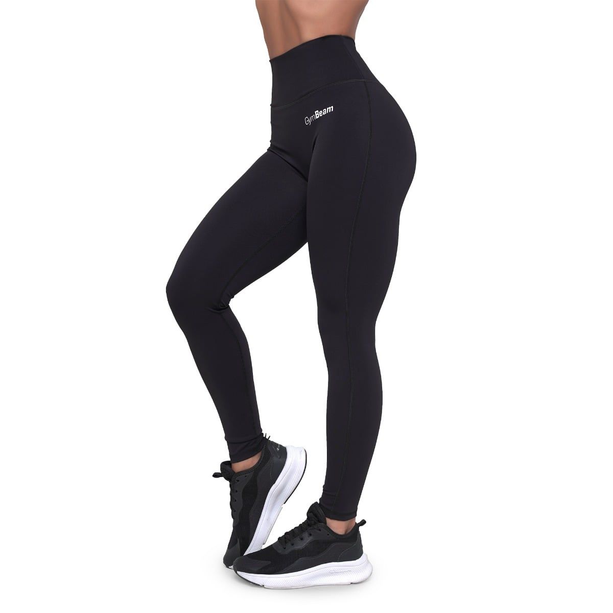 Schwarze Damen-Leggings mit hohem Bund, seitliche Ansicht.
