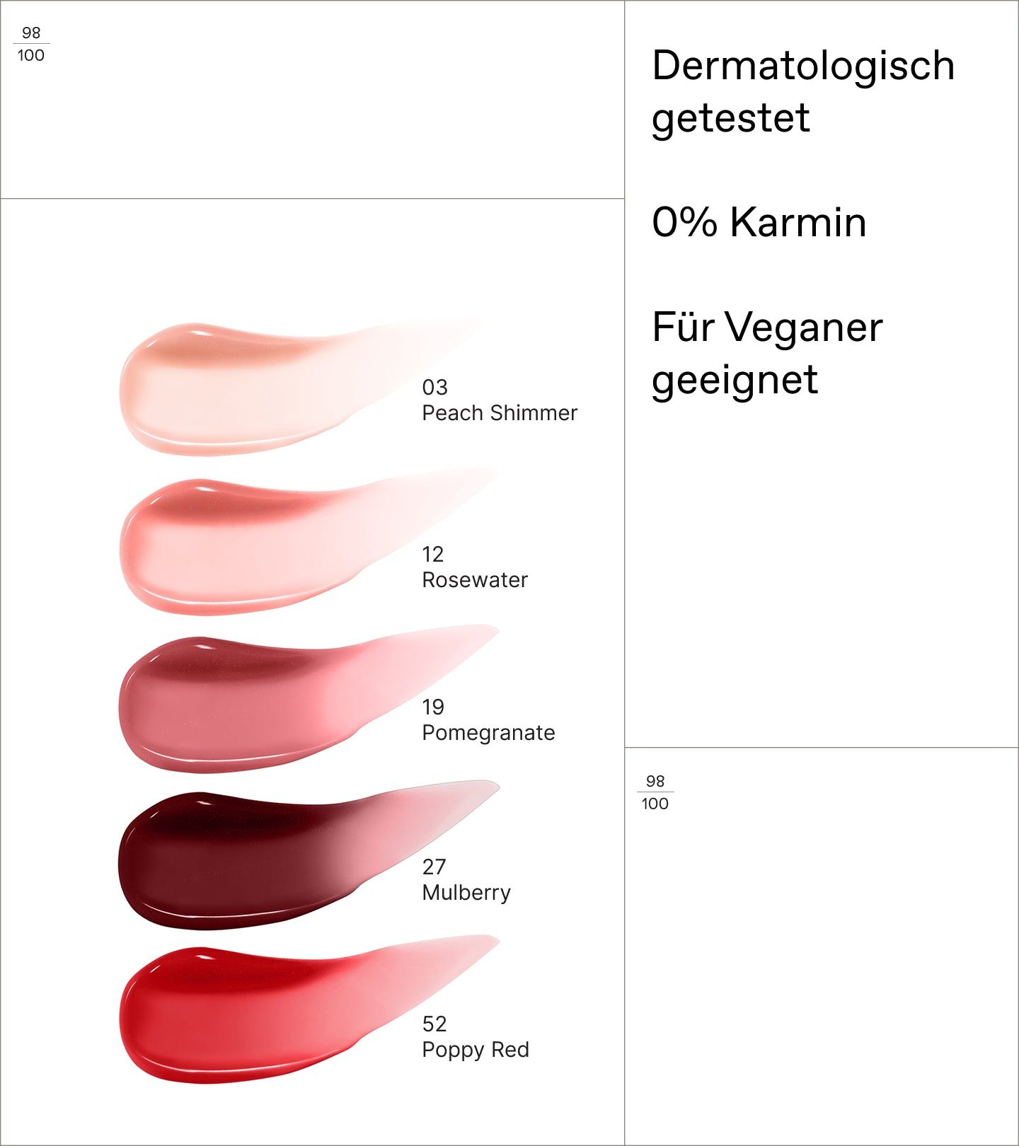 Fünf Swirls von Lippenprodukten in verschiedenen Rosatönen.