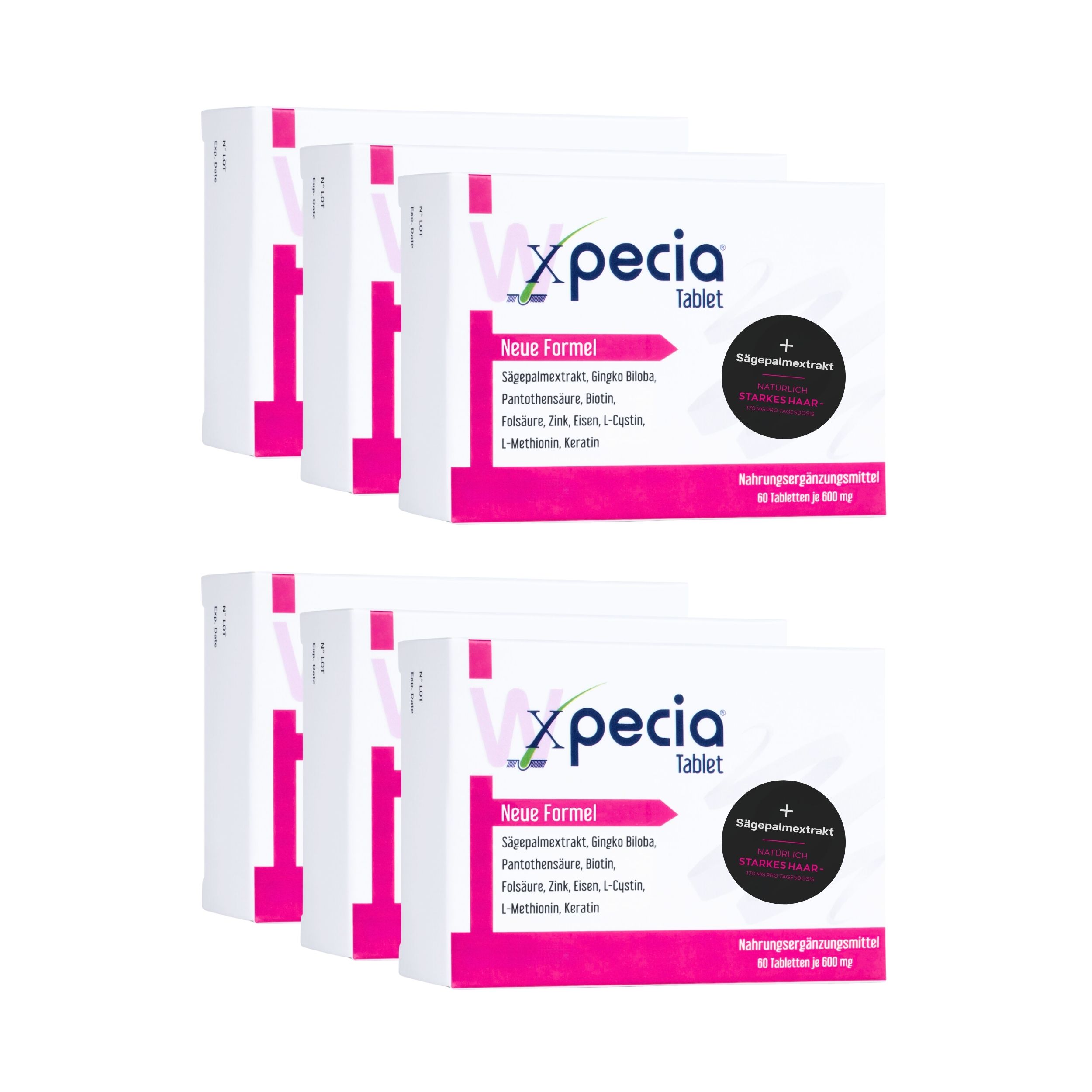 Mehrere Schachteln Xpecia Tabletten. Weiße Verpackung mit pinkfarbenen Akzenten. Text: Neue Formel.